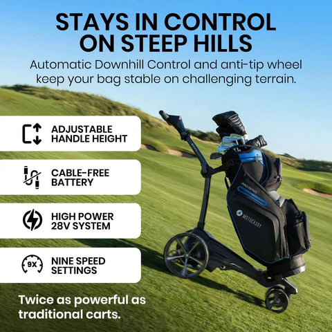 Top Shelf GPS Electric Golf Push Cart With Remote Control And Precise Yardage Tracking Across Forty Thousand Courses Featuring 2D And 3D Maps Shot Planner Tools Built For A Clubhouse Ready Frame Designed For A Smooth Operator Run On The Green on steep terrain.