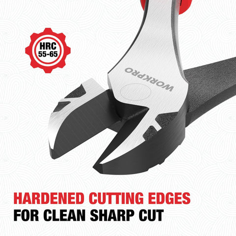 Close-up of WORKPRO 8-inch high-leverage diagonal pliers with hardened cutting edges in CRV steel