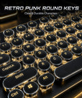 Slick Retro Typewriter Keyboard 108 Keys With Clicky Blue Switches And Yellow Backlight close-up of round keys with illuminated letters.
