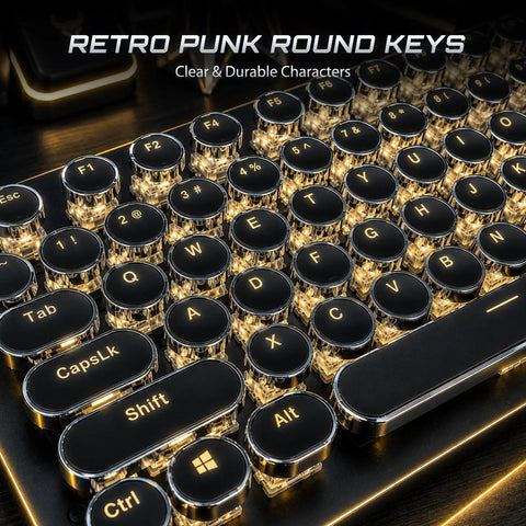 Slick Retro Typewriter Keyboard 108 Keys With Clicky Blue Switches And Yellow Backlight close-up of round keys with illuminated letters.