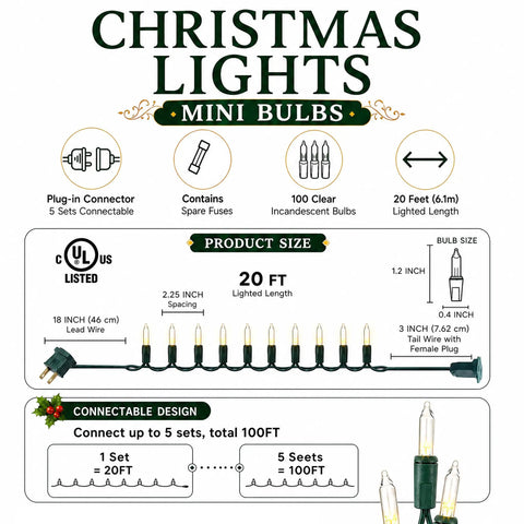 Diagram showing Warm White Incandescent Christmas Lights Outdoor 20ft String With 100 Bulbs Waterproof For Xmas Decor details.