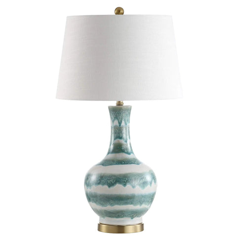 Green And White Striped Ceramic Table Lamp For Bedroom And Living Room Coastal Modern Bedside Light With Gold Base And White Linen Shade LED Bulb Included Measures 30.5 Inches Tall