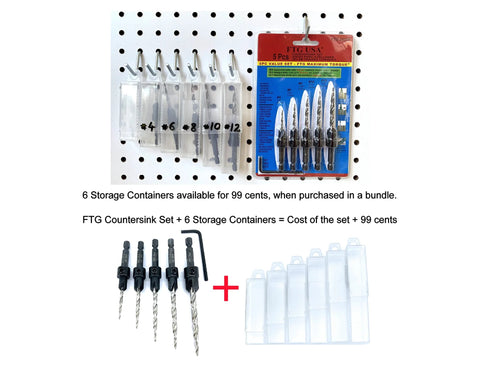 FTG USA Countersink Drill Bit Set, 5 pcs (#4-#12) with 6 clear storage containers