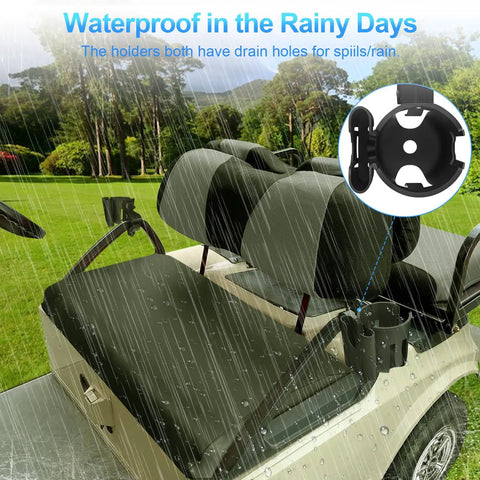 Universal Adjustable Golf Cart Cup Holder And Phone Mount Fits Ezgo Club Car Yamaha Models waterproof with drain holes for rain protection.