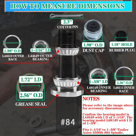 Diagram of 4 Sets 3500 Lb Trailer Bearing Kit for 1-3/8 to 1-1/16 Inch Spindle Boat Trailer Axle EZ-Lube Ready Kit with measurements.