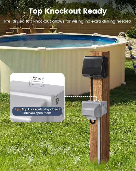 Tough As Nails Waterproof Outdoor Outlet Box With 20 Amp GFCI Safety Switch for wiring at poolside, mounted on wooden post.