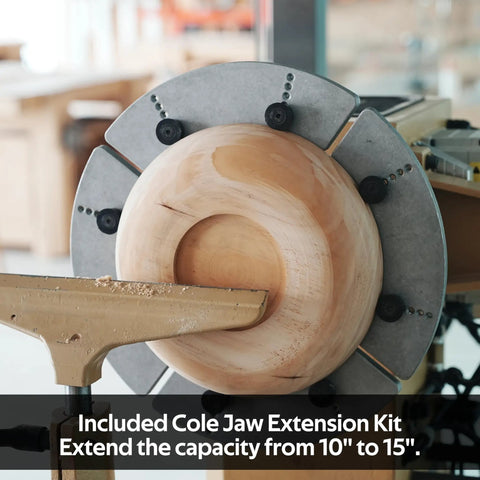 Lathe Chuck Jaws Set With Cole Jaws, 10 Inch And 5 Inch Extensions, holding a wooden bowl on a lathe.