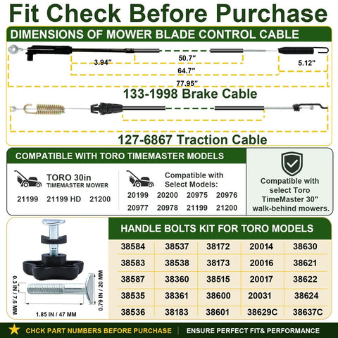 Premium Control Cable Kit For Toro TimeMaster 30 Inch Walk Behind Lawn Mowers Replaces Parts 127-6867 And 133-1998 Easy Fix DIY Repair To Get Your Mower Running Like New Again, dimensions shown