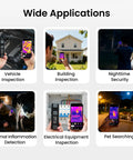 Wireless Thermal Imaging Camera For Android And iOS Smartphones With 512x384 Super Resolution And 256x192 IR Vision, showing various applications such as vehicle and building inspection, nighttime security, and pet monitoring.