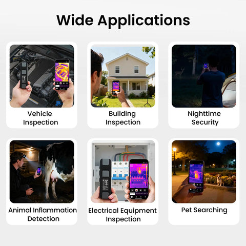 Wireless Thermal Imaging Camera For Android And iOS Smartphones With 512x384 Super Resolution And 256x192 IR Vision, showing various applications such as vehicle and building inspection, nighttime security, and pet monitoring.