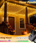 10x10Ft Gazebo Net Lights Outdoor With 200 LED Waterproof Mesh Lighting Timer 8 Modes on porch with cozy warm glow