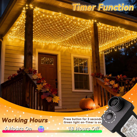 10x10Ft Gazebo Net Lights Outdoor With 200 LED Waterproof Mesh Lighting Timer 8 Modes on porch with cozy warm glow