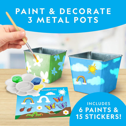 Kids Flower And Herb Gardening Kit with three stainless steel pots being painted with flowers and clouds, paint set and stickers included