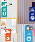 Six Pack Do Not Disturb Door Hanger Signs Double Sided In A Meeting Please Knock Out Of Office Made Of PVC Door Tags shown in use