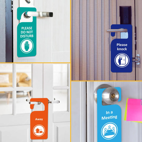 Six Pack Do Not Disturb Door Hanger Signs Double Sided In A Meeting Please Knock Out Of Office Made Of PVC Door Tags shown in use