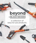 Assorted Black+Decker tools including a 20V Max Handheld Vacuum for pets displayed around a branded sign on a tiled floor.