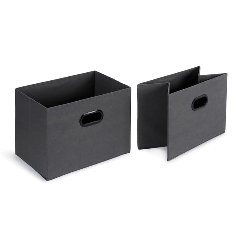 Freestanding Closet Organizer With Fabric Bins And Drawers, gray collapsible fabric drawers with handles, close-up view.