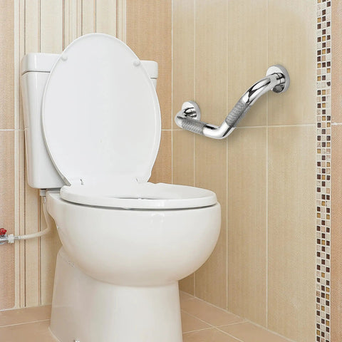 Angled Shower Grab Bar 1-1/4 By 16 Inch Knurled Stainless Steel Safety Bar for seniors and handicap bathrooms wall mount with polished nickel finish near toilet