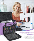 Portable Sewing Machine Case With Wheels And Shoulder Strap shown open next to user, highlighting storage pockets; compatible with Singer Brother Janome.