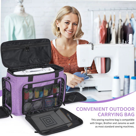 Portable Sewing Machine Case With Wheels And Shoulder Strap shown open next to user, highlighting storage pockets; compatible with Singer Brother Janome.