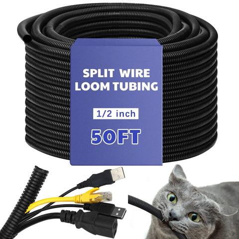 Split Wire Loom Tubing, Heavy Duty High Temperature Flame Retardant Cable Sleeve, 50 Ft, Black coil with connectors and cat