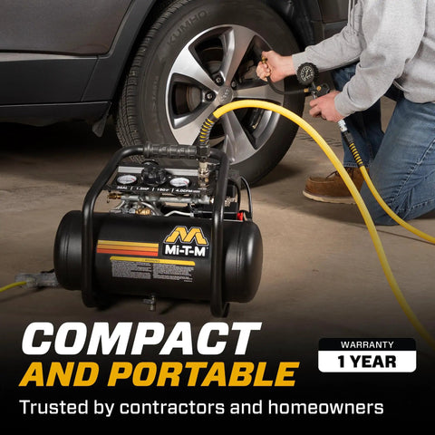 Mi-T-M 3 Gallon Portable Air Compressor Oil Free.1.5 HP Induction Motor4.0 CFM At90 PSI Quiet Operation For Impact Wrenches Grinders And Nailers Lightweight Professional Tool Easy To Carry Anywhere