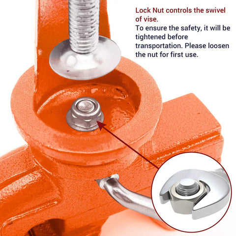 Close-up of lock nut on 3 Inch Table Vise With 360 Degree Swivel Base Clamp On Bench Vise For Woodworking And Metalworking, orange