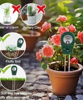 All In One Soil Tester For pH, Moisture, And Fertility With Fast Accurate Readings For Indoor Outdoor Gardens Battery Free Plant Health Meter shown in a potted plant, on fluffy soil.
