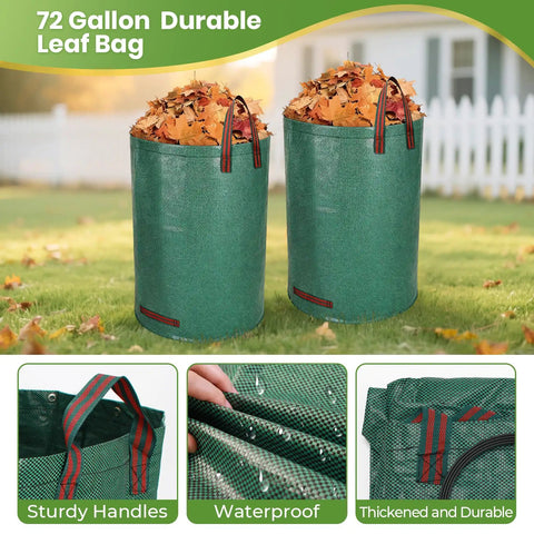 72 gallon durable leaf bags filled with autumn leaves, featuring sturdy handles, waterproof and thickened material.