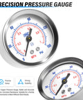 Pressure gauge for One Quarter Inch NPT Automatic Drain Air Filter And Pressure Regulator Combo with dual MPa and PSI readings.