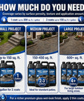 Infographic on coverage for Slick Wet Look Stone Sealer Hella Durable Water Based Color Enhancer For Outdoor Pavers Concrete Patio Driveway.