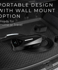 Dual Level Portable EV Charger For All NACS Vehicles with wall mount, 20 ft cable, NEMA plugs on car trunk mat.