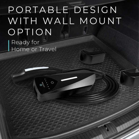 Dual Level Portable EV Charger For All NACS Vehicles with wall mount, 20 ft cable, NEMA plugs on car trunk mat.