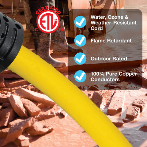 Heavy Duty 50 Foot Outdoor Extension Cord 12 Gauge 3 Conductor SJTW Yellow Water and Weather Resistant Flame Retardant