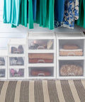 Eight Pack 27 Quart Stacking Drawers For Closet Storage With Clear Front And Sides And White Frame Modular Plastic Organizer