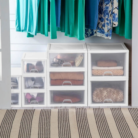 Eight Pack 27 Quart Stacking Drawers For Closet Storage With Clear Front And Sides And White Frame Modular Plastic Organizer