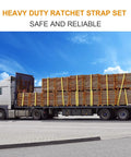Heavy Duty Badass Ratchet Straps 4 Pack 2 Inch Wide By 27 Feet Long With Double J Hooks securing cargo on a flatbed truck.