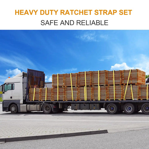 Heavy Duty Badass Ratchet Straps 4 Pack 2 Inch Wide By 27 Feet Long With Double J Hooks securing cargo on a flatbed truck.