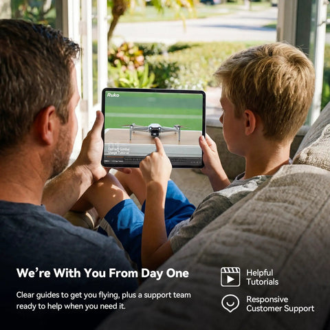 Father and son watching F11PRO 2 Drone With 6K Camera And 3 Axis Gimbal Stabilizer tutorial on tablet in living room