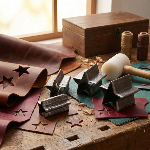 Star Shape Leather Cutting Dies Set Four Piece Alloy Steel Hollow Cutter Punch Tools with leather and storage box on a workbench.