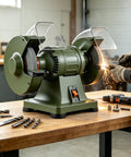 Mufaknp Low Speed Bench Grinder Electric Power Honing Machine For Metal Polishing Sharpening with sparks flying during sharpening.