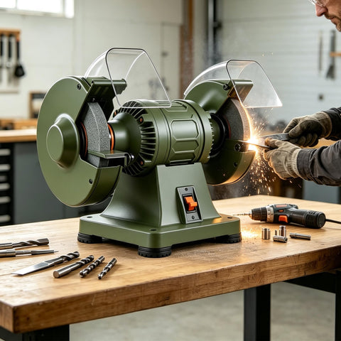 Mufaknp Low Speed Bench Grinder Electric Power Honing Machine For Metal Polishing Sharpening with sparks flying during sharpening.