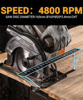 Heavy Duty 1200W Corded Circular Saw Featuring 165 Millimeter 24 Tooth Blade And Blazing 4800 Rpm cutting wood with precision guide rail.
