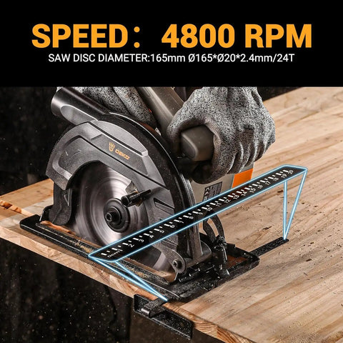 Heavy Duty 1200W Corded Circular Saw Featuring 165 Millimeter 24 Tooth Blade And Blazing 4800 Rpm cutting wood with precision guide rail.