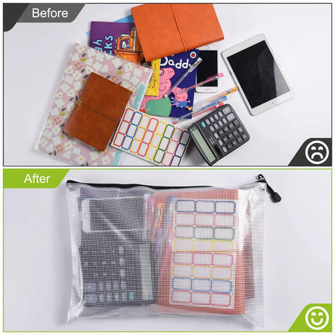 12 Pack Waterproof Zipper File Folders With Tear-Resistant PVC Pouches holding organized documents and accessories