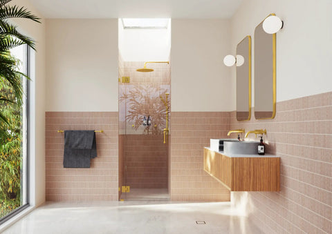 Frameless Shower Door Hinge With Enduroshield Glass Coating In Polished Brass For A 78 Inch Wide Shower Enclosure, 34.75 Inch High Glass Door Hardware, Built To Last With A Smooth Boss-Level Operation installed on glass shower door