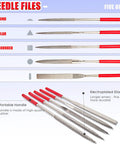 Needle files in 20 In 1 Hobby Tools Kit For Adults with red handles, five shapes for DIY repairs and model making.