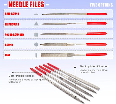 Needle files in 20 In 1 Hobby Tools Kit For Adults with red handles, five shapes for DIY repairs and model making.