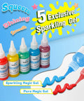Five colorful gel bottles from Magic Water Elf Toy Kit For Kids Make Your Own Water Pets with blue and red gel designs.