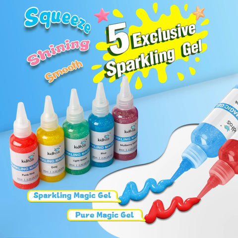 Five colorful gel bottles from Magic Water Elf Toy Kit For Kids Make Your Own Water Pets with blue and red gel designs.